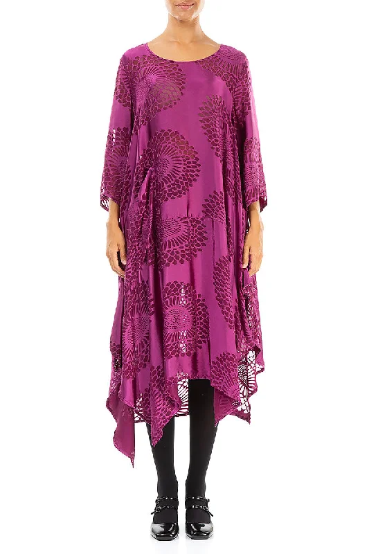 Asymmetric Floral Magenta Silk Dress