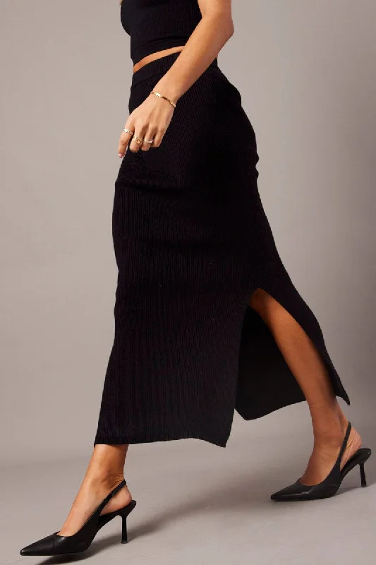 Black Knit Skirt Front Split High Rise