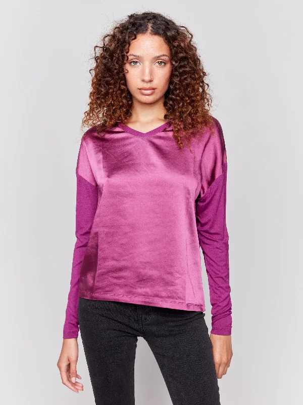 Satin and Jersey V-Neck Knit Top - Mulberry