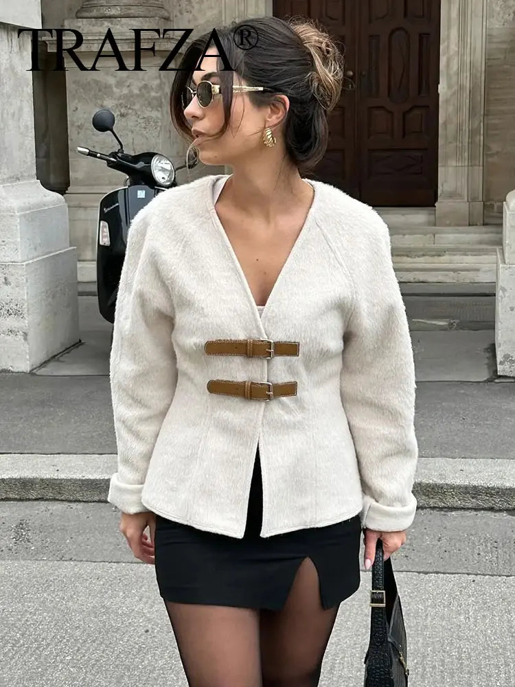 Women's Beige Woolen Fashion Designer Leather Buckle Jackets