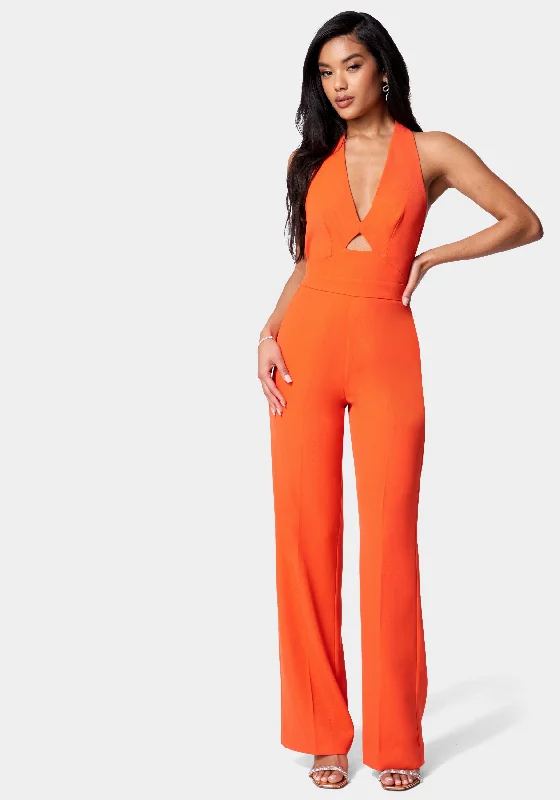 Satin Twill Halter Tie Back Wide Leg Jumpsuit